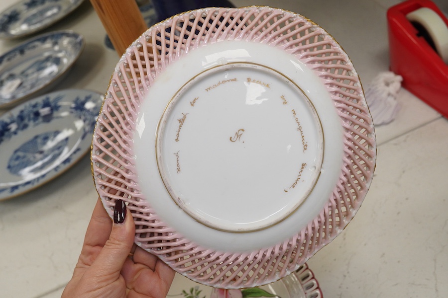 Ten French Luneville floral plates, a hand painted basket edged plate and various part dinner service plates, 24cm in diameter. Condition - mostly fair to good